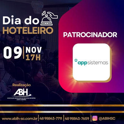 App sistemas patrocinadora dia do hoteleiro. Celebrando parcerias com ABIH-SC